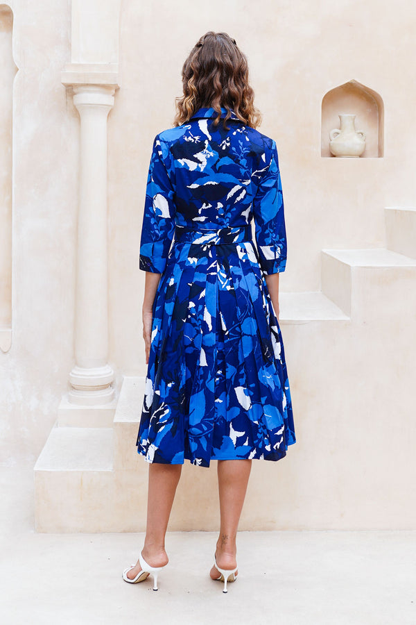 Audrey Dress #2 Shirt Collar 3/4 Sleeve Midi Length Cotton Stretch (Genova Mono Flower White)