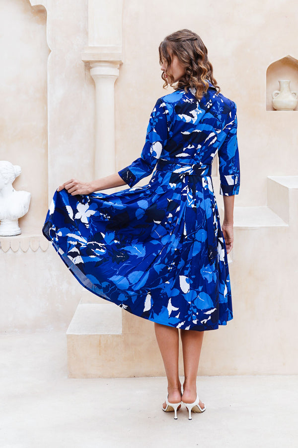 Audrey Dress #2 Shirt Collar 3/4 Sleeve Midi Length Cotton Stretch (Genova Mono Flower White)