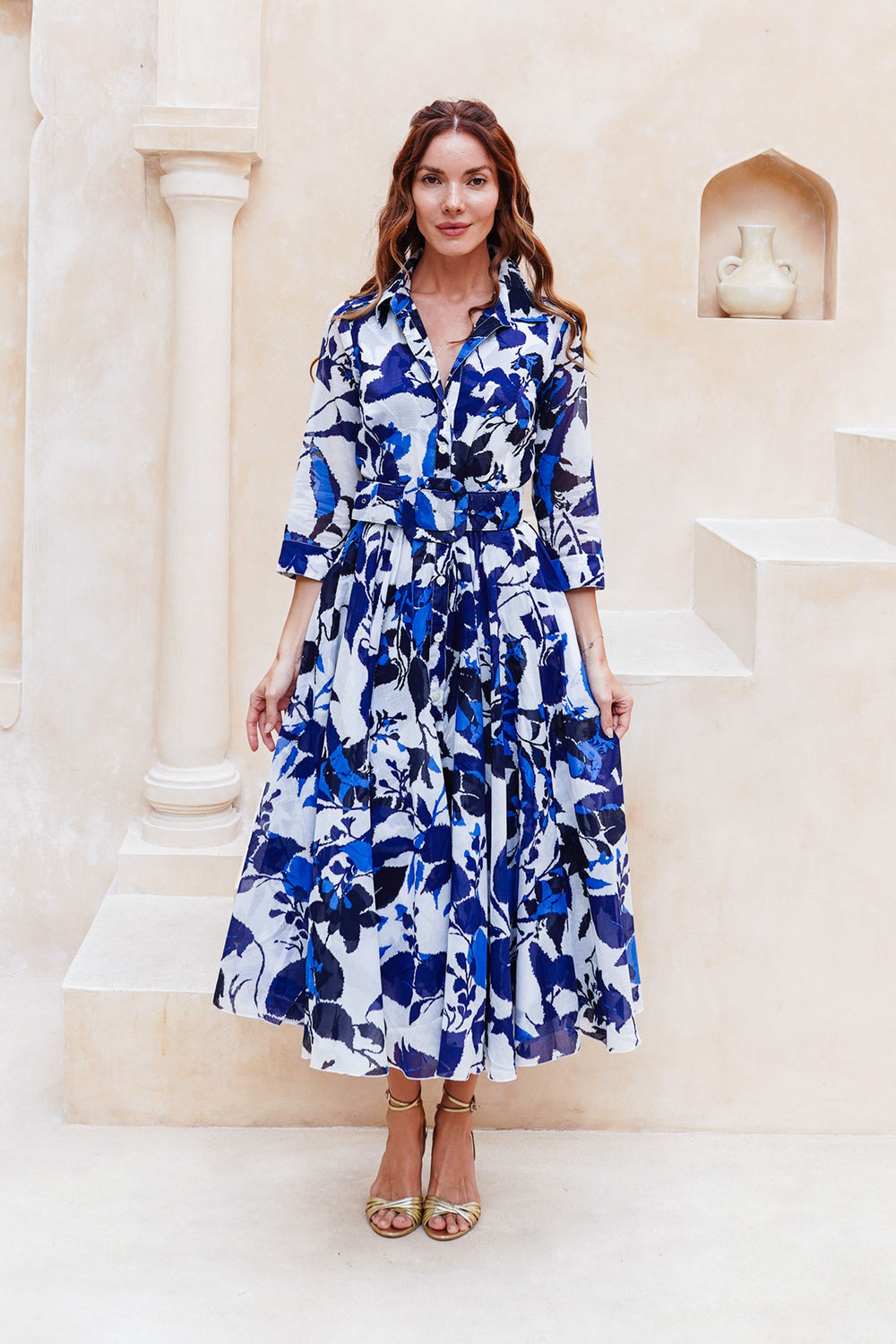 Aster Dress Shirt Collar 3/4 Sleeve Midi Length Cotton Musola (Genova Mono Flower White)