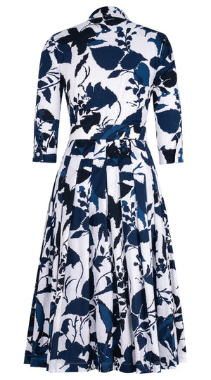 Audrey Dress #2 Shirt Collar 3/4 Sleeve Midi Length Cotton Stretch (Genova Mono Flower White)