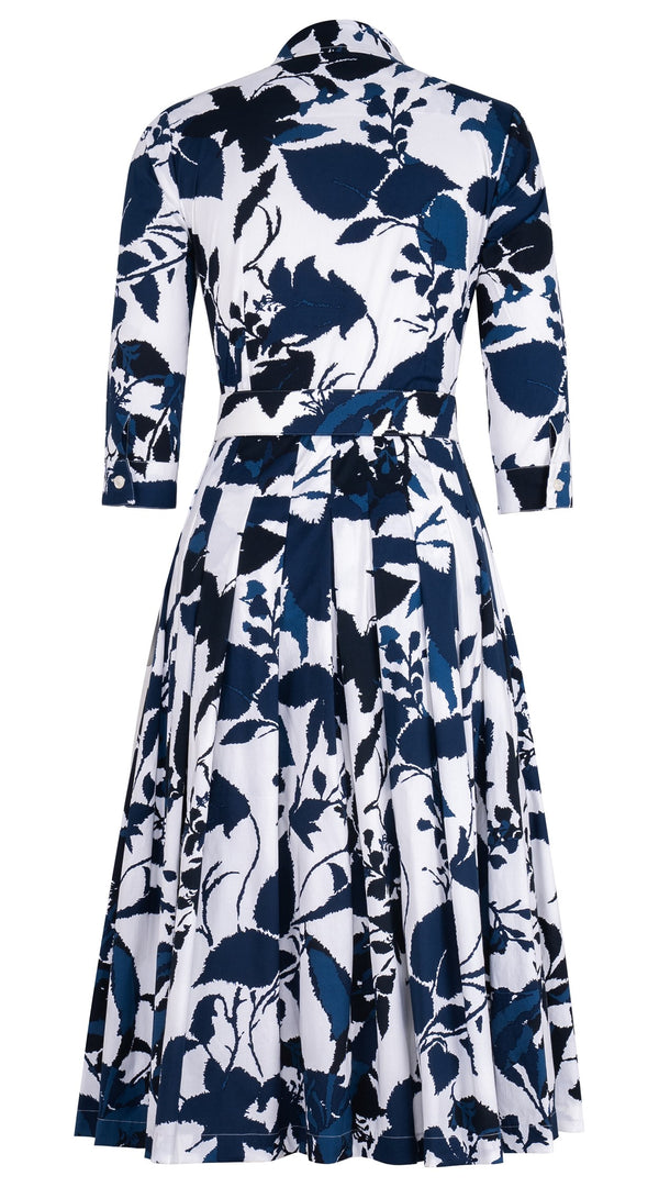 Audrey Dress #2 Shirt Collar 3/4 Sleeve Midi Length Cotton Stretch (Genova Mono Flower White)