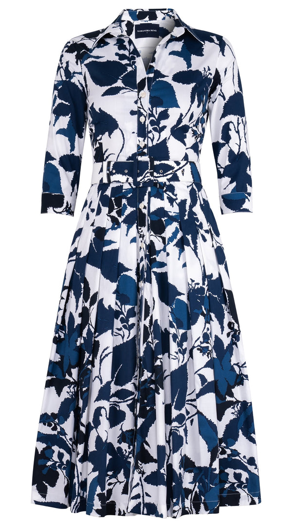 Audrey Dress #2 Shirt Collar 3/4 Sleeve Midi Length Cotton Stretch (Genova Mono Flower White)