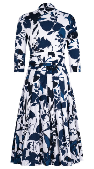 Audrey Dress #2 Shirt Collar 3/4 Sleeve Midi Length Cotton Stretch (Genova Mono Flower White)