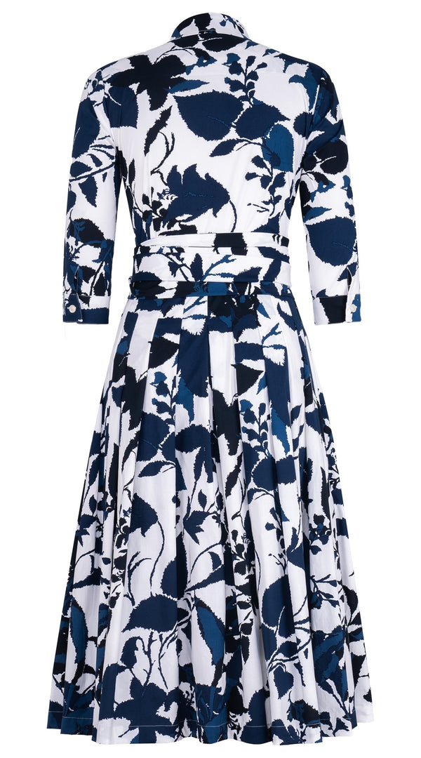 Audrey Dress #2 Shirt Collar 3/4 Sleeve Midi Length Cotton Stretch (Genova Mono Flower White)