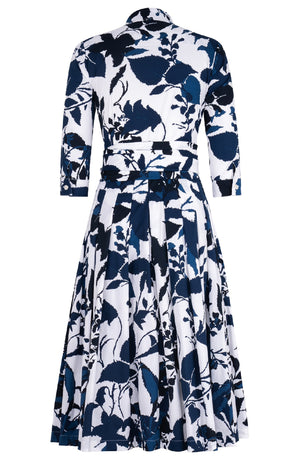 Audrey Dress #2 Shirt Collar 3/4 Sleeve Midi Length Cotton Stretch (Genova Mono Flower White)