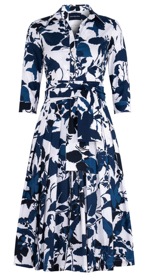 Audrey Dress #2 Shirt Collar 3/4 Sleeve Midi Length Cotton Stretch (Genova Mono Flower White)