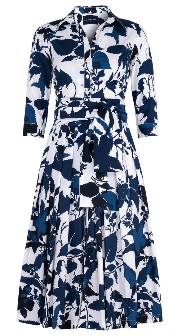 Audrey Dress #2 Shirt Collar 3/4 Sleeve Midi Length Cotton Stretch (Genova Mono Flower White)