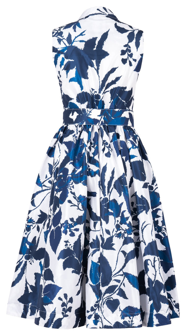 Terry Dress Shirt Collar Sleeveless Midi Length Silk Taffta (Genova Mono Flower White)