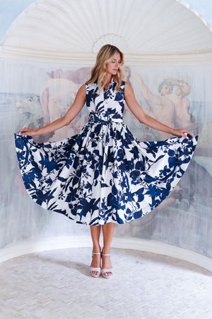 Terry Dress Shirt Collar 3/4 Sleeve Midi Length Poliamide Taffta (Fiori Poppy Big Pastel)