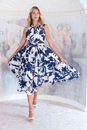 Terry Dress Shirt Collar 3/4 Sleeve Midi Length Poliamide Taffta (Fiori Poppy Big Pastel)