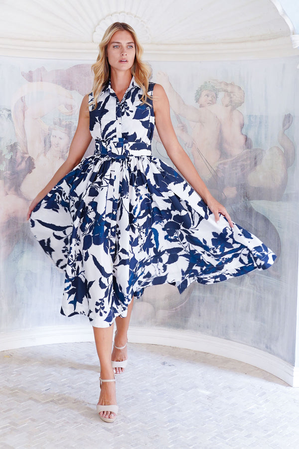 Terry Dress Shirt Collar 3/4 Sleeve Midi Length Poliamide Taffta (Fiori Poppy Big Pastel)