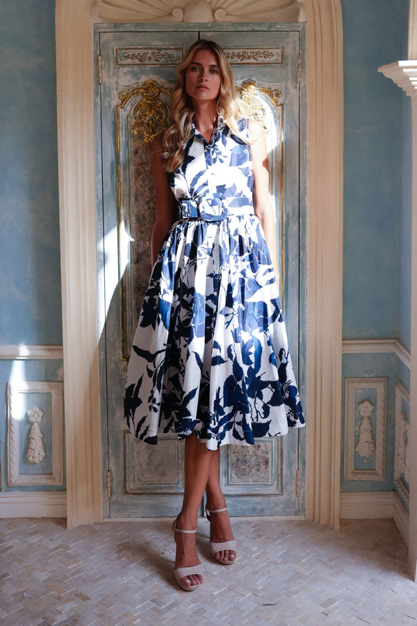 Terry Dress Shirt Collar 3/4 Sleeve Midi Length Poliamide Taffta (Fiori Poppy Big Pastel)