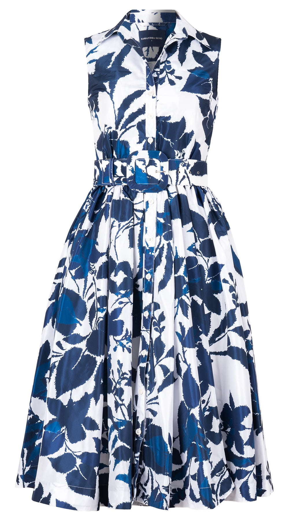Terry Dress Shirt Collar Sleeveless Midi Length Silk Taffta (Genova Mono Flower White)