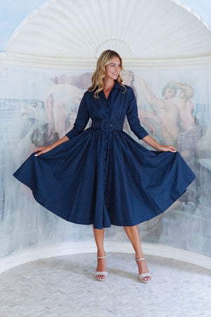 Terry Dress Shirt Collar 3/4 Sleeve Midi Length Poliamide Taffta (Gentlemans Dot)