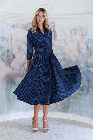 Terry Dress Shirt Collar 3/4 Sleeve Midi Length Poliamide Taffta (Gentlemans Dot)