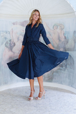 Terry Dress Shirt Collar 3/4 Sleeve Midi Length Poliamide Taffta (Gentlemans Dot)