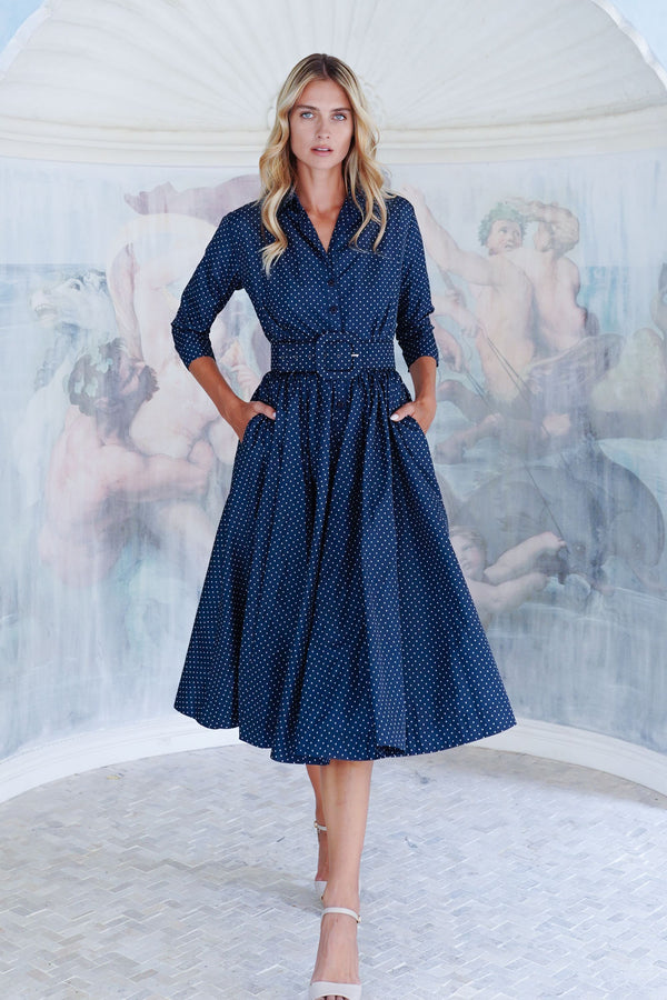 samantha sung dresses Audrey Dress #1 Shirt Collar 3/4 Sleeve Long Length Cotton Stretch (Or