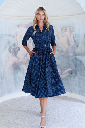 Terry Dress Shirt Collar 3/4 Sleeve Midi Length Poliamide Taffta (Gentlemans Dot)