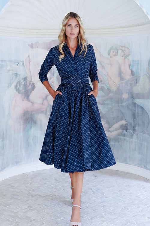 Terry Dress Shirt Collar 3/4 Sleeve Midi Length Poliamide Taffta (Gentlemans Dot)