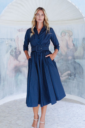 Terry Dress Shirt Collar 3/4 Sleeve Midi Length Poliamide Taffta (Gentlemans Dot)