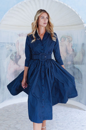 Terry Dress Shirt Collar 3/4 Sleeve Midi Length Poliamide Taffta (Gentlemans Dot)