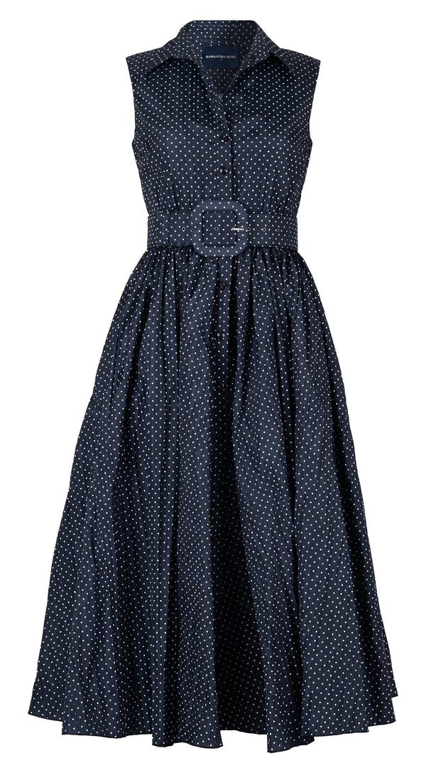 Terry Dress Shirt Collar Sleeveless Midi Plus Length Silk Taffta (Gentlemans Dot)