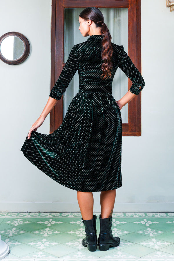 Audrey Dress #3 Shirt Collar 3/4 Sleeve Midi Length Silk Velvet (Gentlemans Dots Dark)