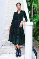 Audrey Dress #3 Shirt Collar 3/4 Sleeve Midi Length Silk Velvet (Gentlemans Dots Dark)