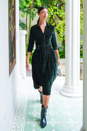 Audrey Dress #3 Shirt Collar 3/4 Sleeve Midi Length Silk Velvet (Gentlemans Dots Dark)