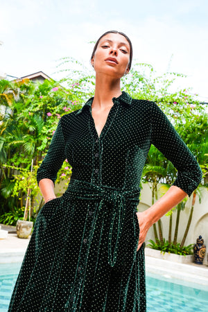 Audrey Dress #3 Shirt Collar 3/4 Sleeve Midi Length Silk Velvet (Gentlemans Dots Dark)