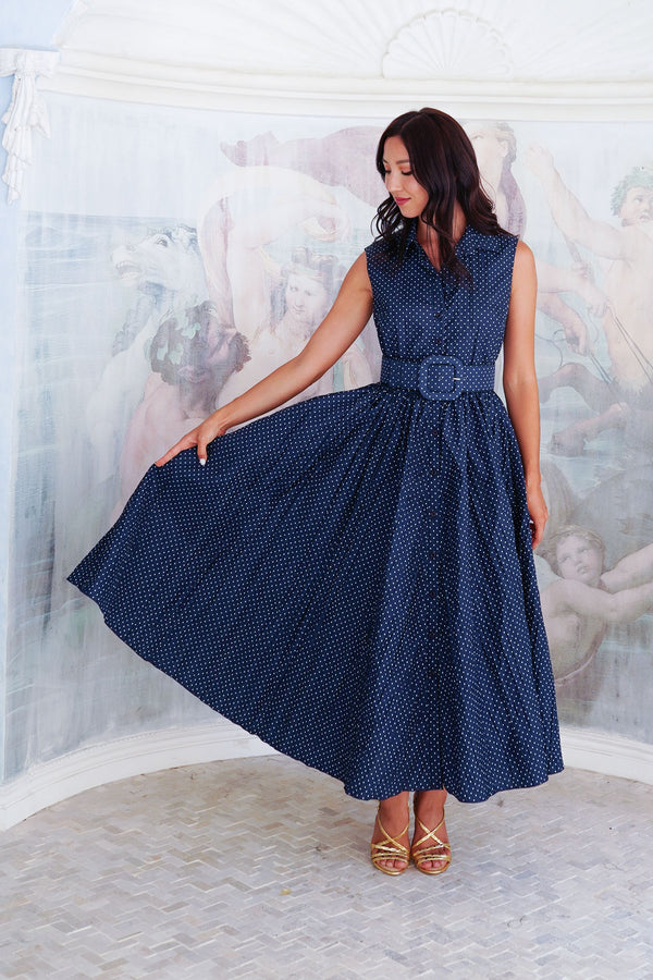 Terry Dress Shirt Collar Sleeveless Midi Plus Length Poliamide Taffta (Gentlemans Dot)