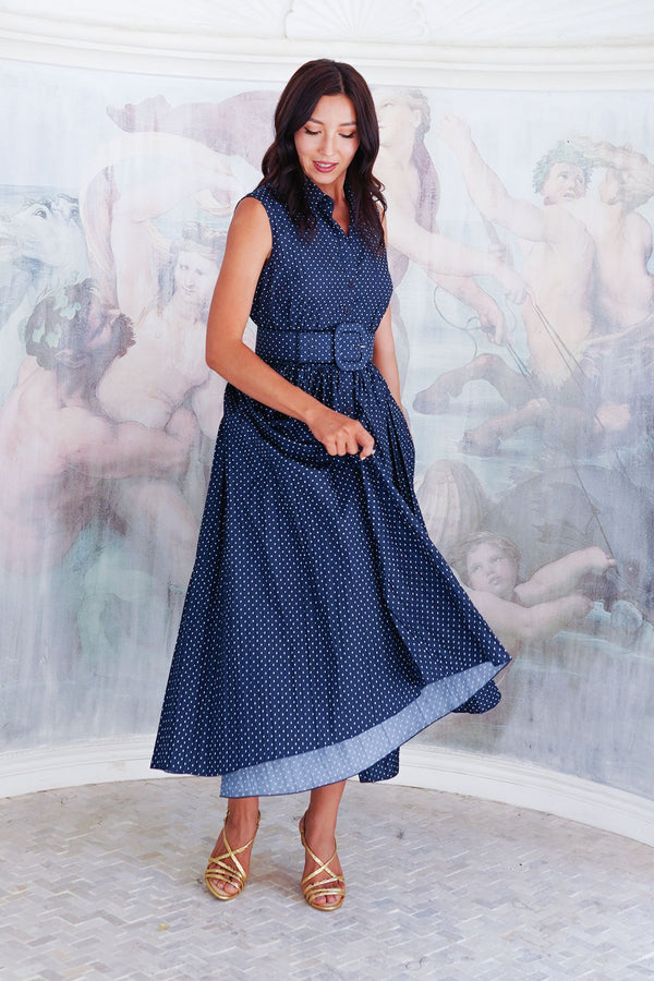 Terry Dress Shirt Collar Sleeveless Midi Plus Length Poliamide Taffta (Gentlemans Dot)