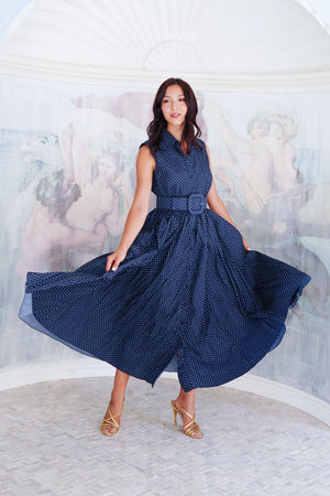 Terry Dress Shirt Collar Sleeveless Midi Plus Length Poliamide Taffta (Gentlemans Dot)