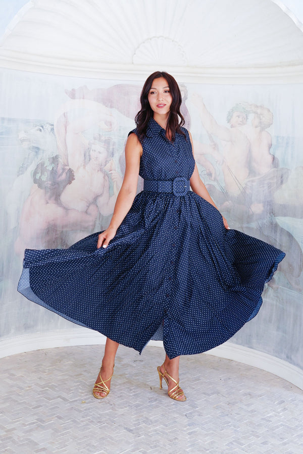 Terry Dress Shirt Collar Sleeveless Midi Plus Length Poliamide Taffta (Gentlemans Dot)