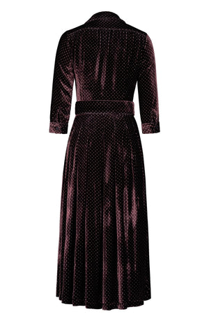 Audrey Dress #4 Shirt Collar 3/4 Sleeve Midi Plus Length Silk Velvet (Gentlemans Dots Dark)