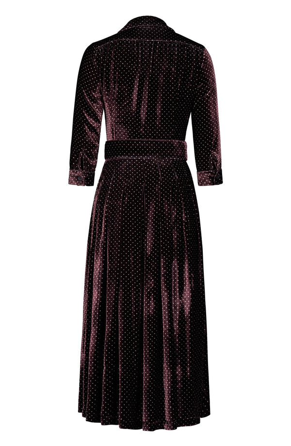 Audrey Dress #4 Shirt Collar 3/4 Sleeve Midi Plus Length Silk Velvet (Gentlemans Dots Dark)