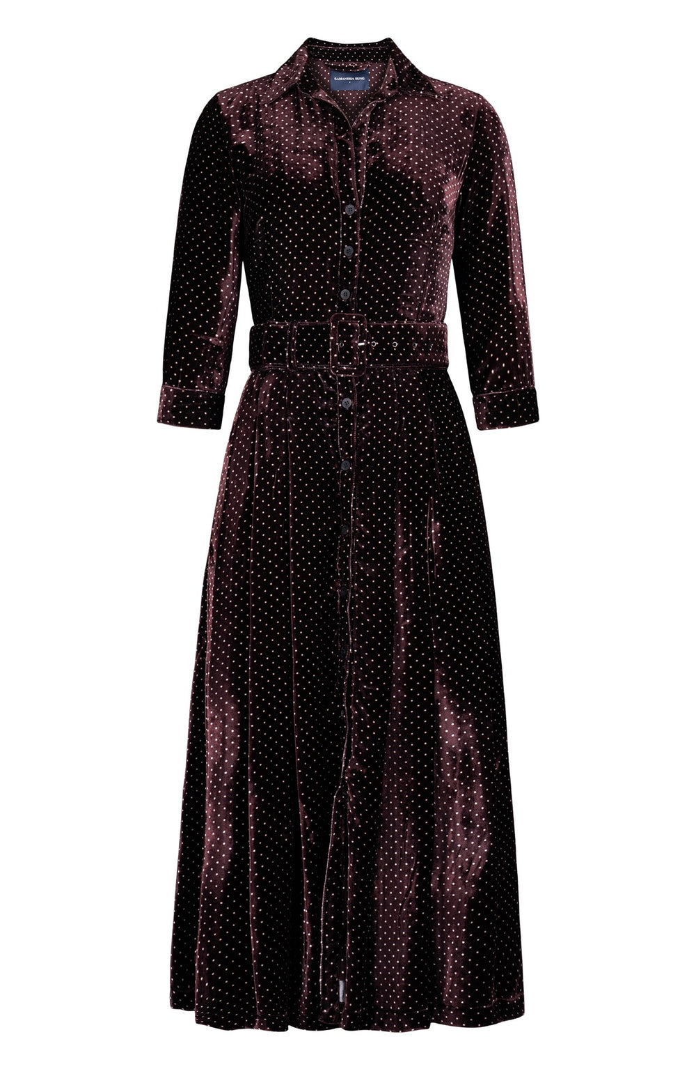 Audrey Dress #4 Shirt Collar 3/4 Sleeve Midi Plus Length Silk Velvet (Gentlemans Dots Dark)