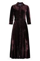 Audrey Dress #4 Shirt Collar 3/4 Sleeve Midi Plus Length Silk Velvet (Gentlemans Dots Dark)