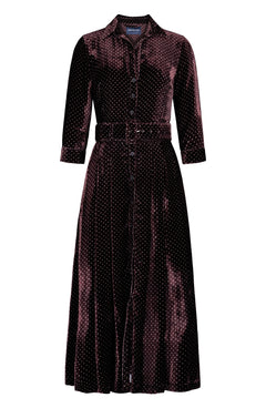 Audrey Dress #4 Shirt Collar 3/4 Sleeve Midi Plus Length Silk Velvet (Gentlemans Dots Dark)