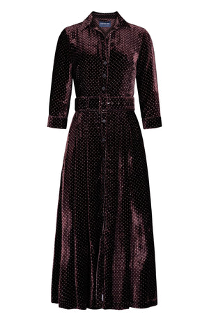 Audrey Dress #4 Shirt Collar 3/4 Sleeve Midi Plus Length Silk Velvet (Gentlemans Dots Dark)