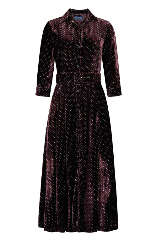 Audrey Dress #4 Shirt Collar 3/4 Sleeve Midi Plus Length Silk Velvet (Gentlemans Dots Dark)