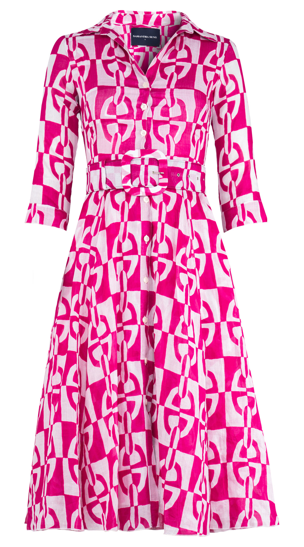 Aster Dress Shirt Collar 3/4 Sleeve Midi Length Ramie (Geometric Chain)