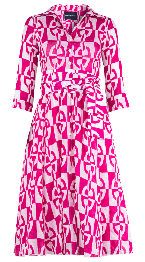 Aster Dress Shirt Collar 3/4 Sleeve Midi Length Ramie (Geometric Chain)