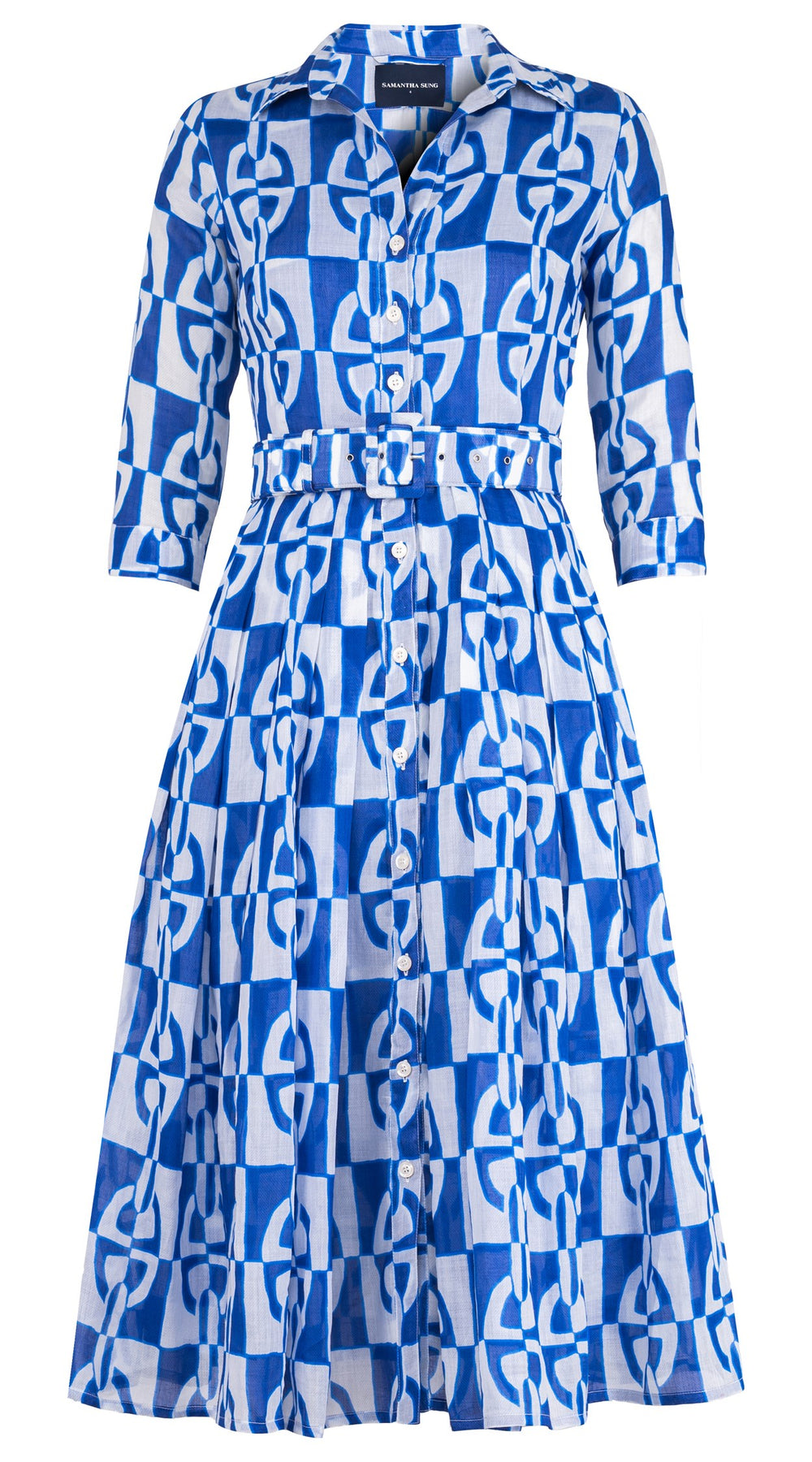 Audrey Dress #4 Shirt Collar 3/4 Sleeve Midi Length Ramie (Geometric Chain)