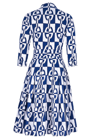 Audrey Dress #4 Shirt Collar 3/4 Sleeve Long Length Cotton Stretch (Geometric Chain)