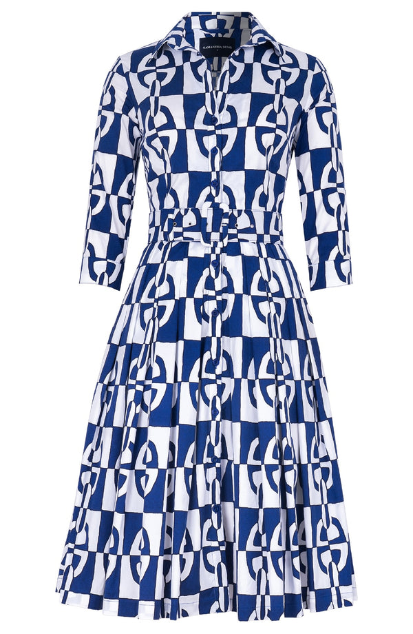 Audrey Dress #4 Shirt Collar 3/4 Sleeve Long Length Cotton Stretch (Geometric Chain)