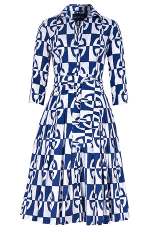 Audrey Dress #4 Shirt Collar 3/4 Sleeve Long Length Cotton Stretch (Geometric Chain)