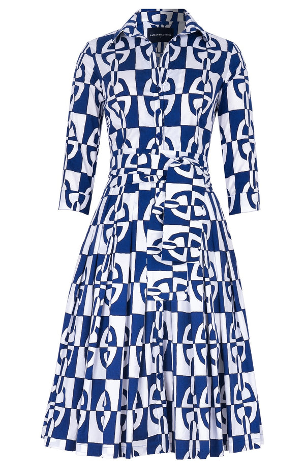 Audrey Dress #4 Shirt Collar 3/4 Sleeve Long Length Cotton Stretch (Geometric Chain)