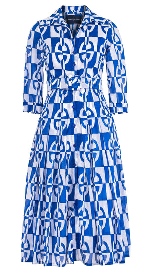 Audrey Dress #4 Shirt Collar 3/4 Sleeve Midi Length Cotton Musola (Geometric Chain)