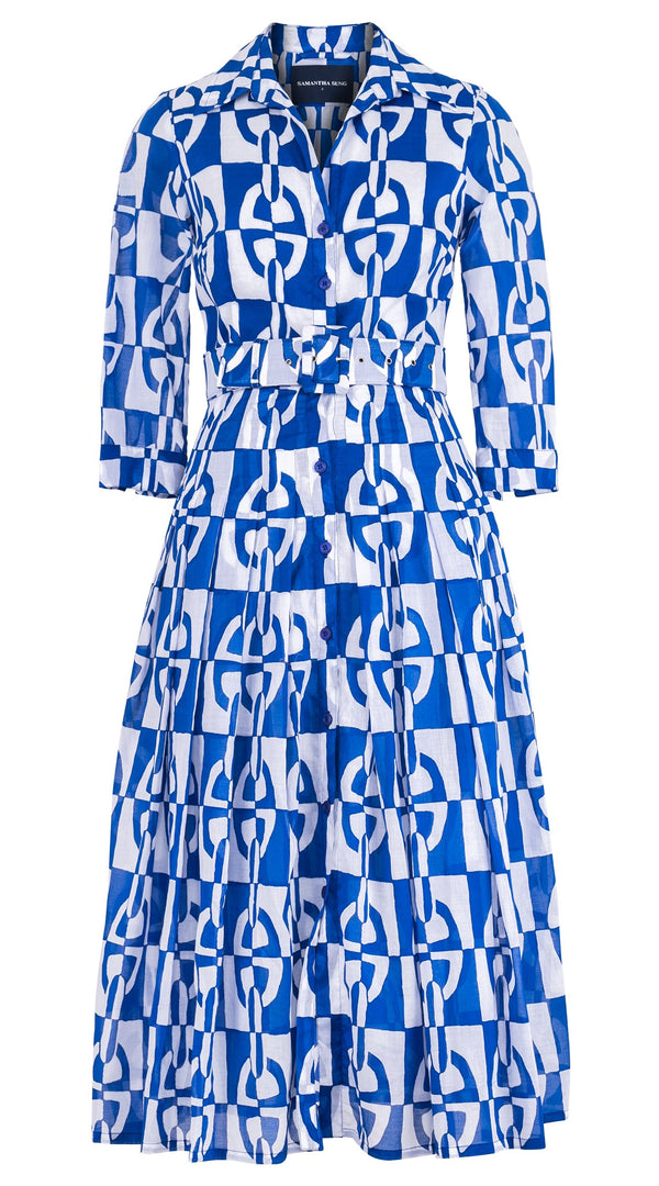 Audrey Dress #4 Shirt Collar 3/4 Sleeve Midi Length Cotton Musola (Geometric Chain)